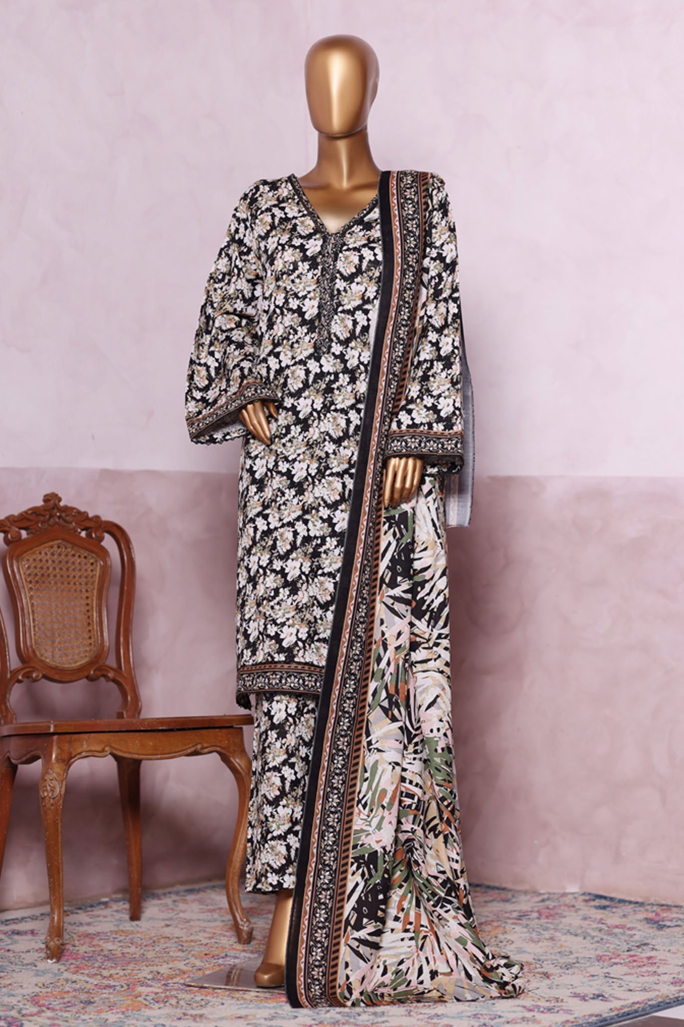 Bin Saeed Stitched 3 Piece Exclusive Printed Khaddar Vol-06 Collection'2025-WK-2449-Black