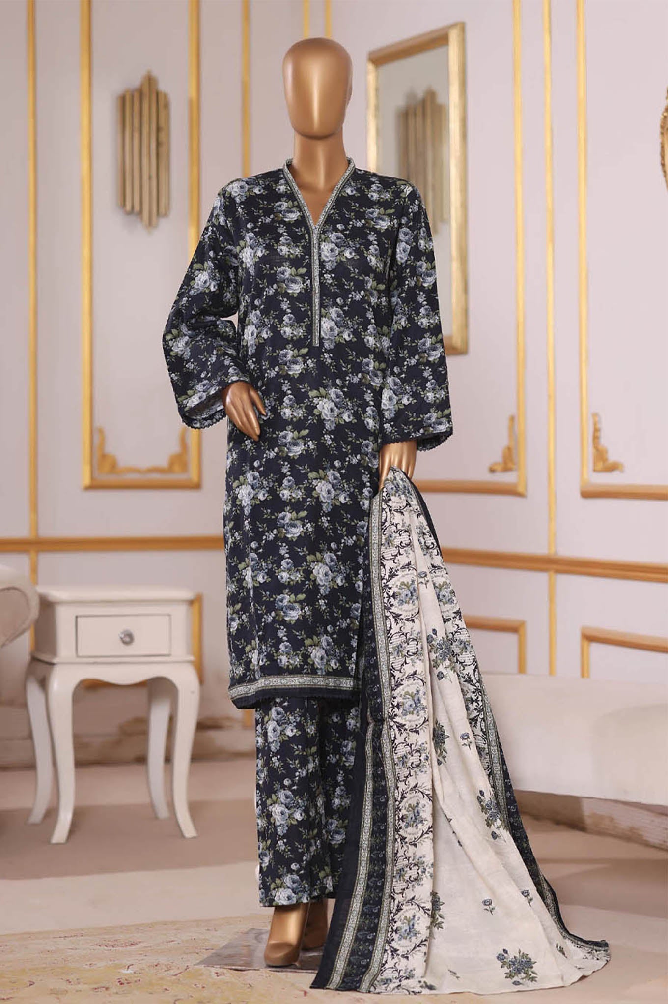 Bin Saeed Stitched 3 Piece Exclusive Printed Khaddar Vol-09 Collection'2025-WK-2514-Black