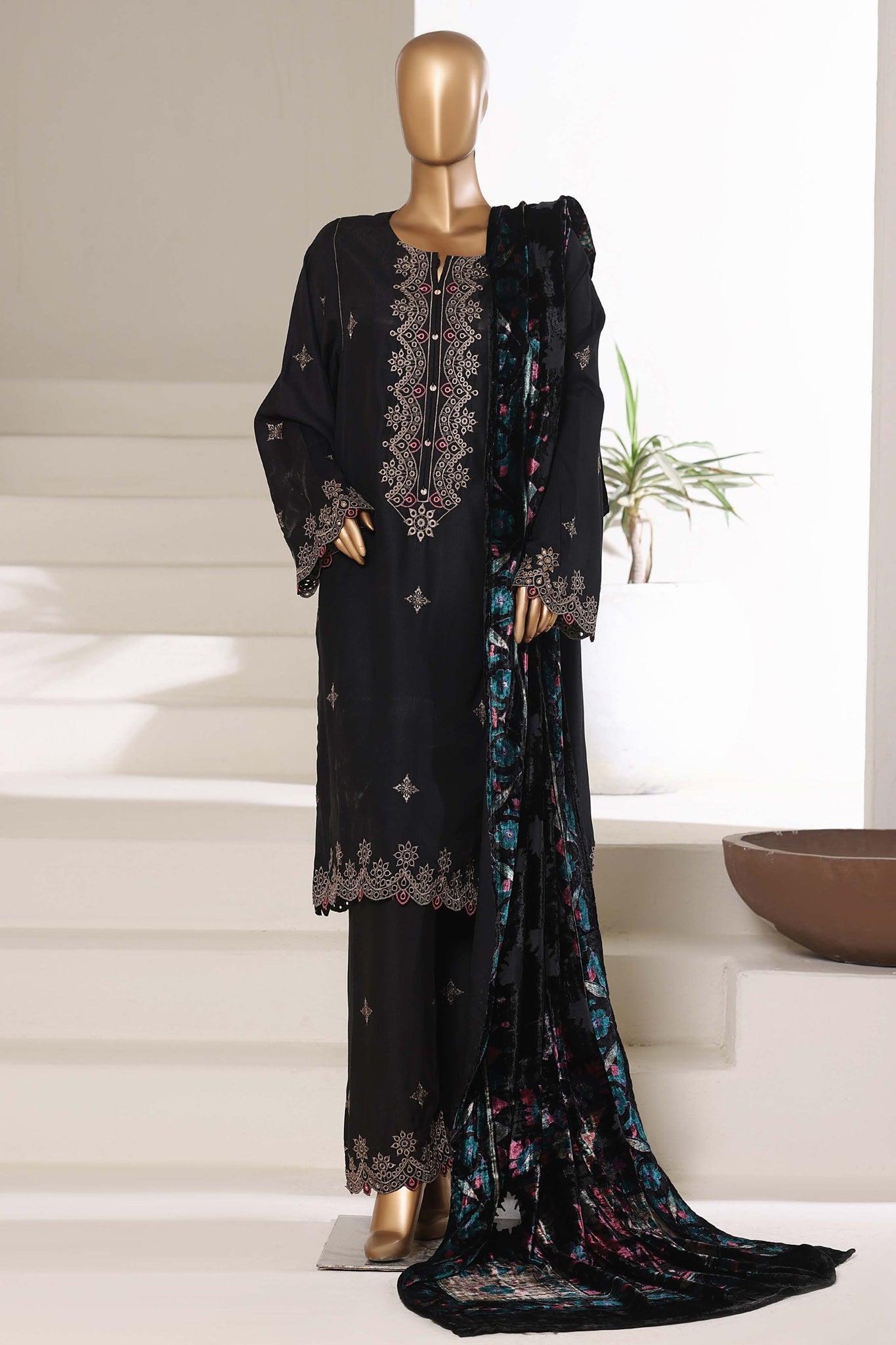 Sada Bahar Stitched 3 Piece Luxury Viscose With Palachi Shawl Suit-MEV-251-Black