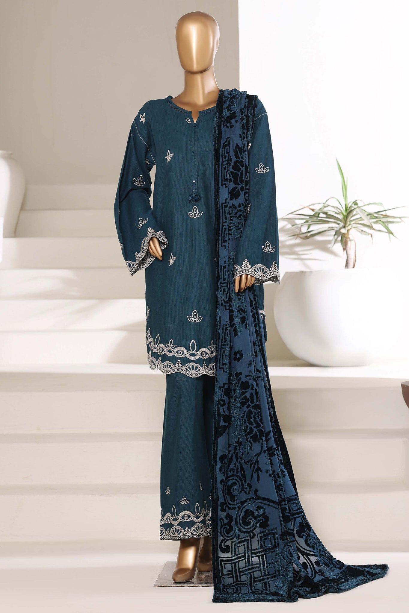 Sada Bahar Stitched 3 Piece Luxury Khaddar Karandi With Palachi Shawl Suit-MEK-252-Teal