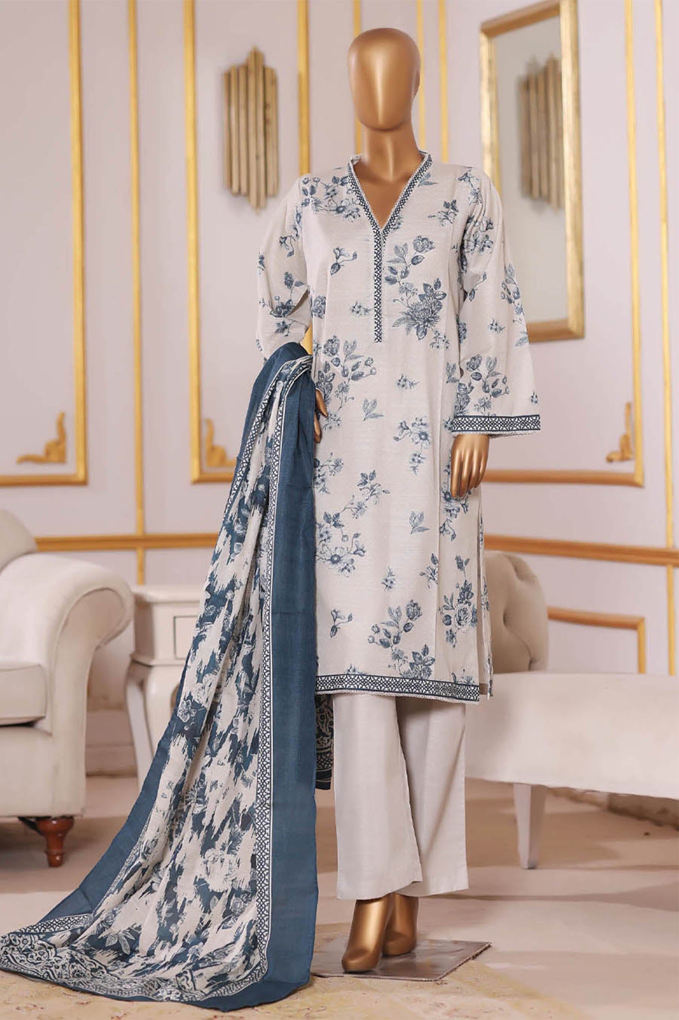Bin Saeed Stitched 3 Piece Exclusive Printed Khaddar Vol-09 Collection'2025-WK-2521-Off White