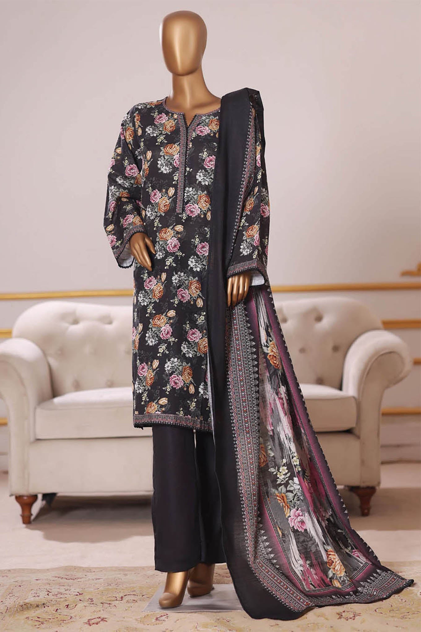 Bin Saeed Stitched 3 Piece Exclusive Printed Khaddar Vol-09 Collection'2025-WK-2522-Black