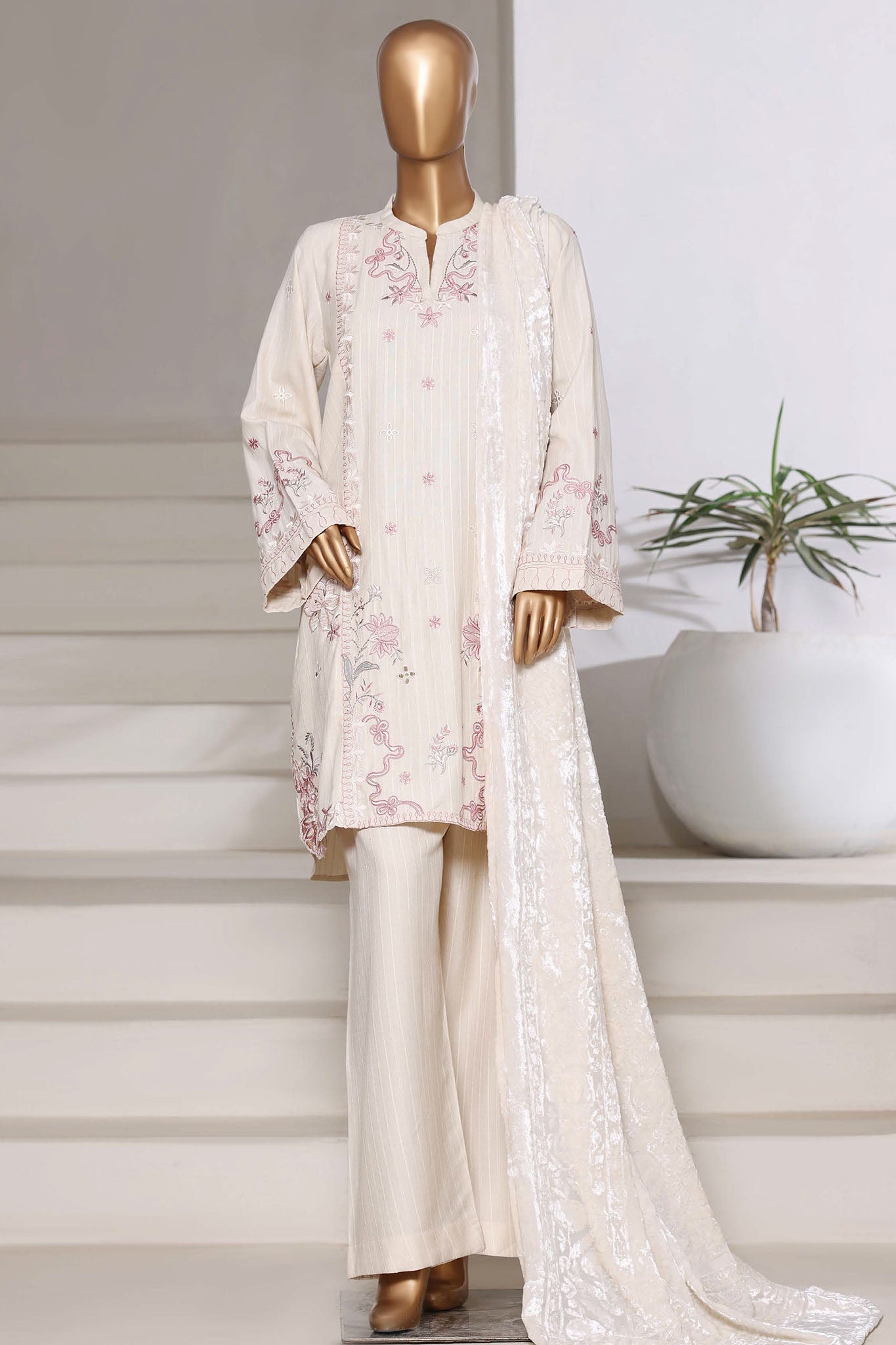 Sada Bahar Stitched 3 Piece Luxury Dhanak With Palachi Shawl Suit-MEP-252-Cream