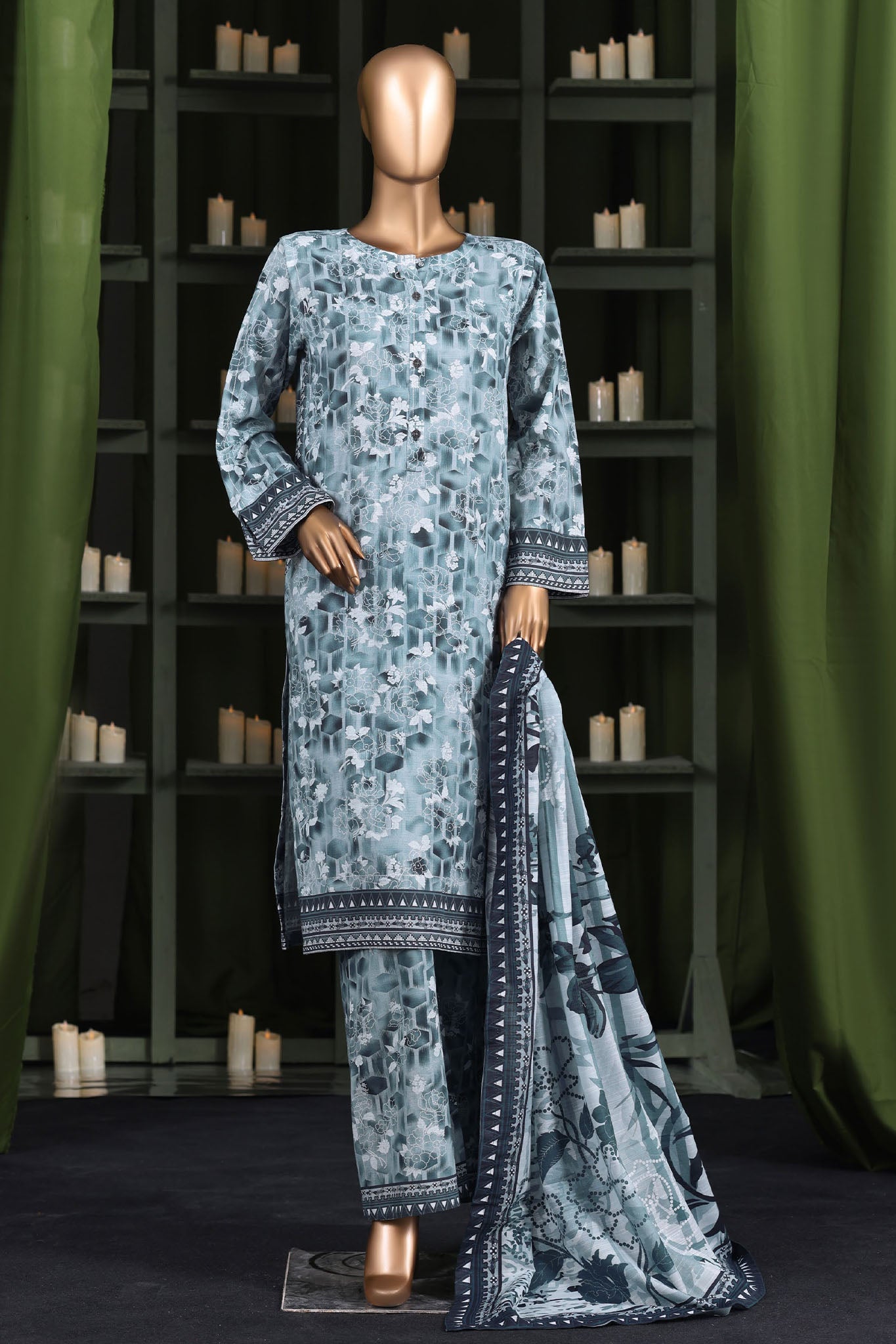 Hz Stitched 3 Piece Digital Printed Khaddar Vol-03 Suit-KPT-2567-Ice