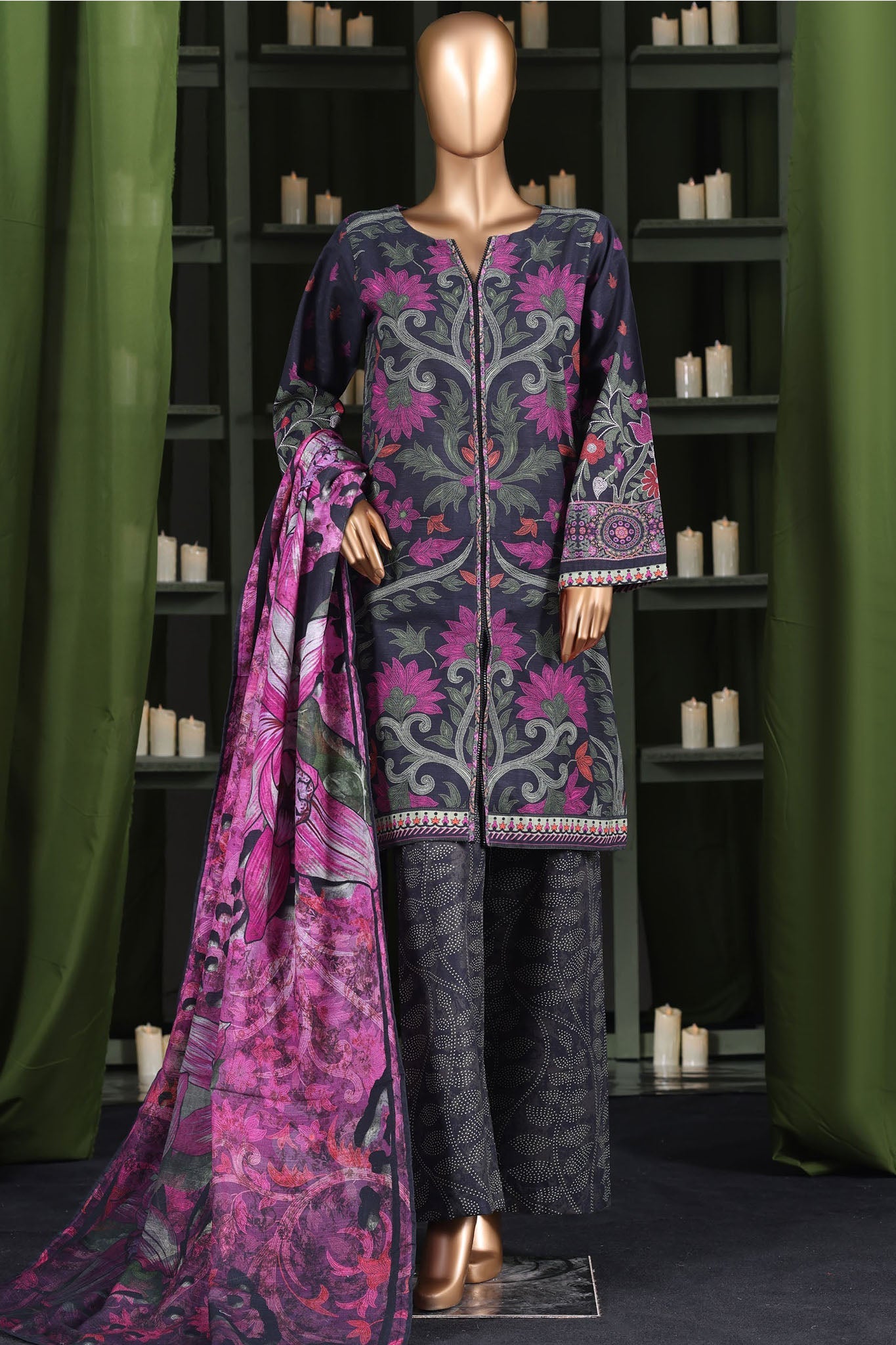 Hz Stitched 3 Piece Digital Printed Khaddar Vol-03 Suit-KPT-2574-Black