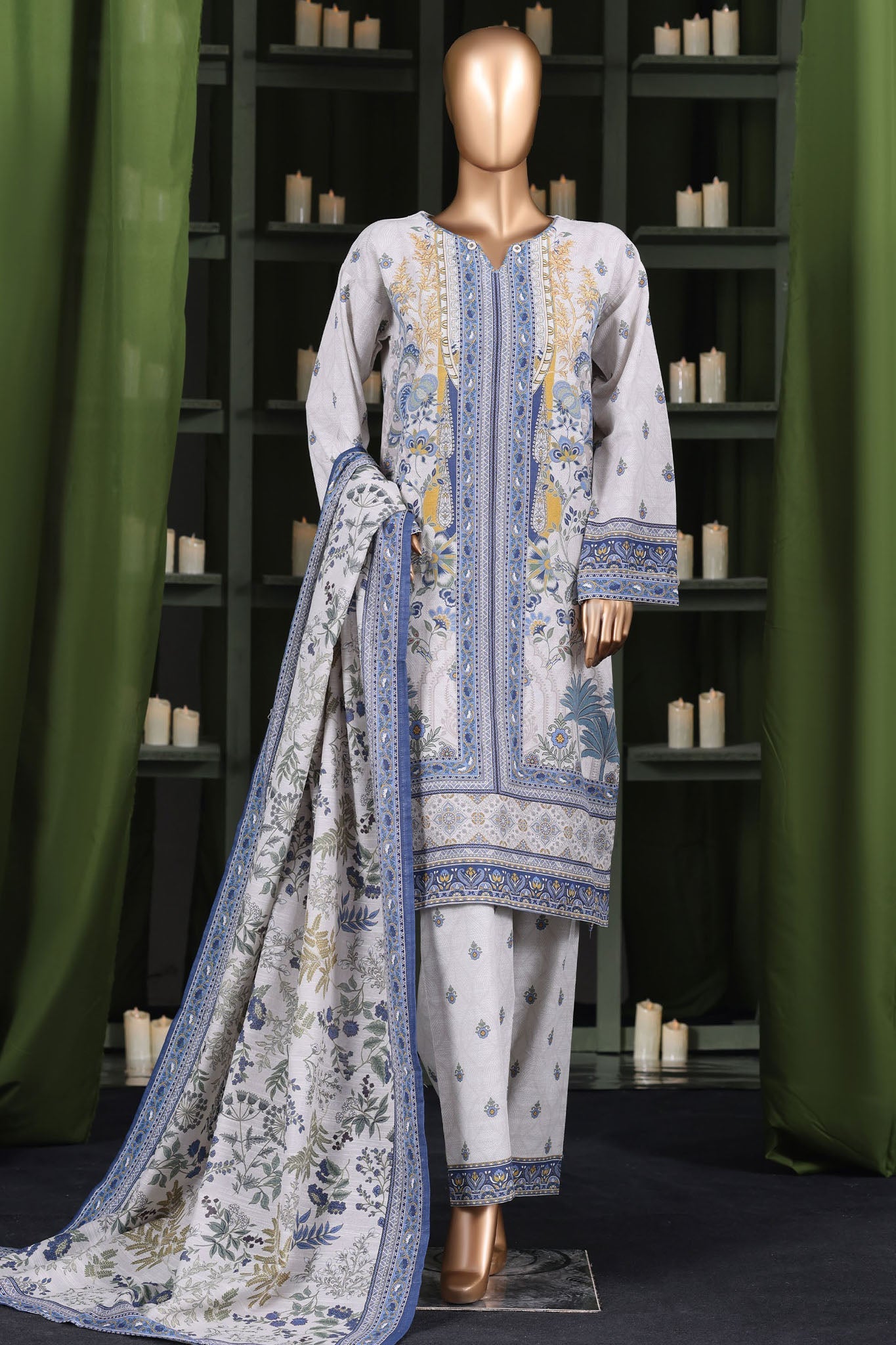 Hz Stitched 3 Piece Digital Printed Khaddar Vol-03 Suit-KPT-2575-White