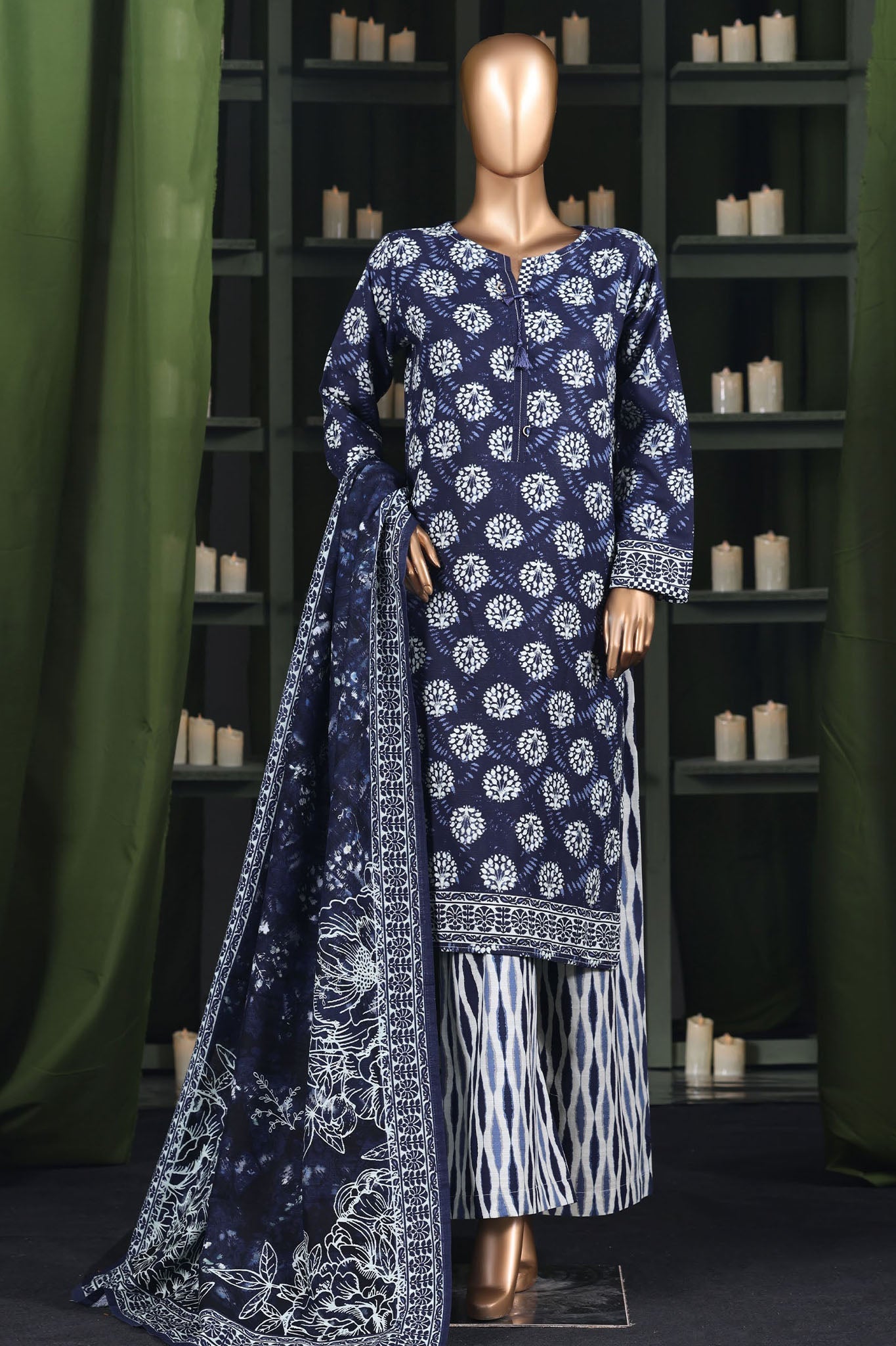 Hz Stitched 3 Piece Digital Printed Khaddar Vol-03 Suit-KPT-2581-Blue