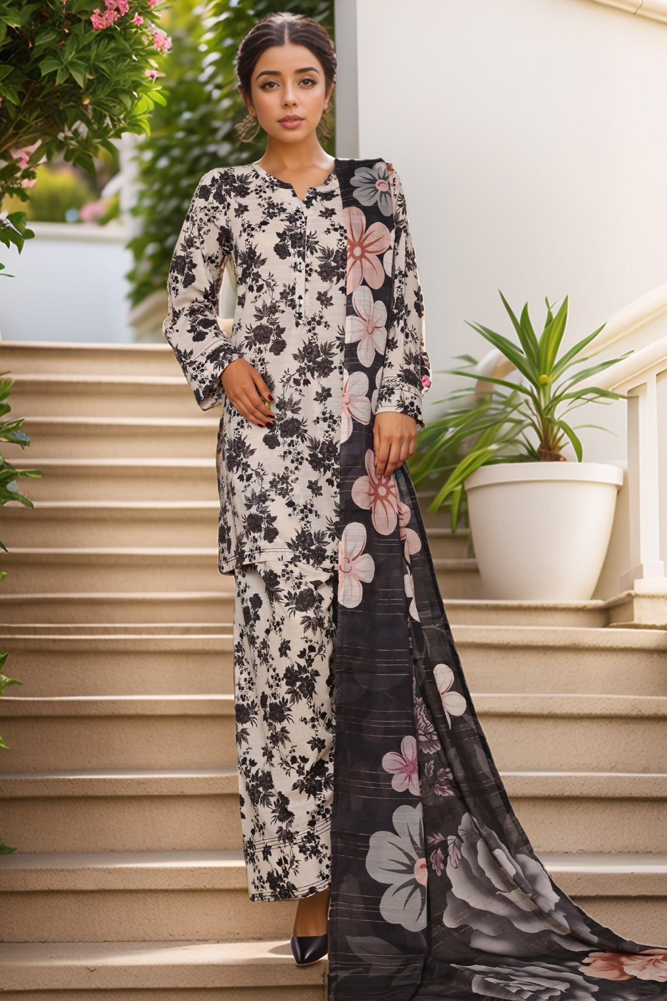 Sada Bahar Stitched 3 Piece Printed Cotton With Farshi Shalwar Vol-02 Collection'2025-FS-276-Black