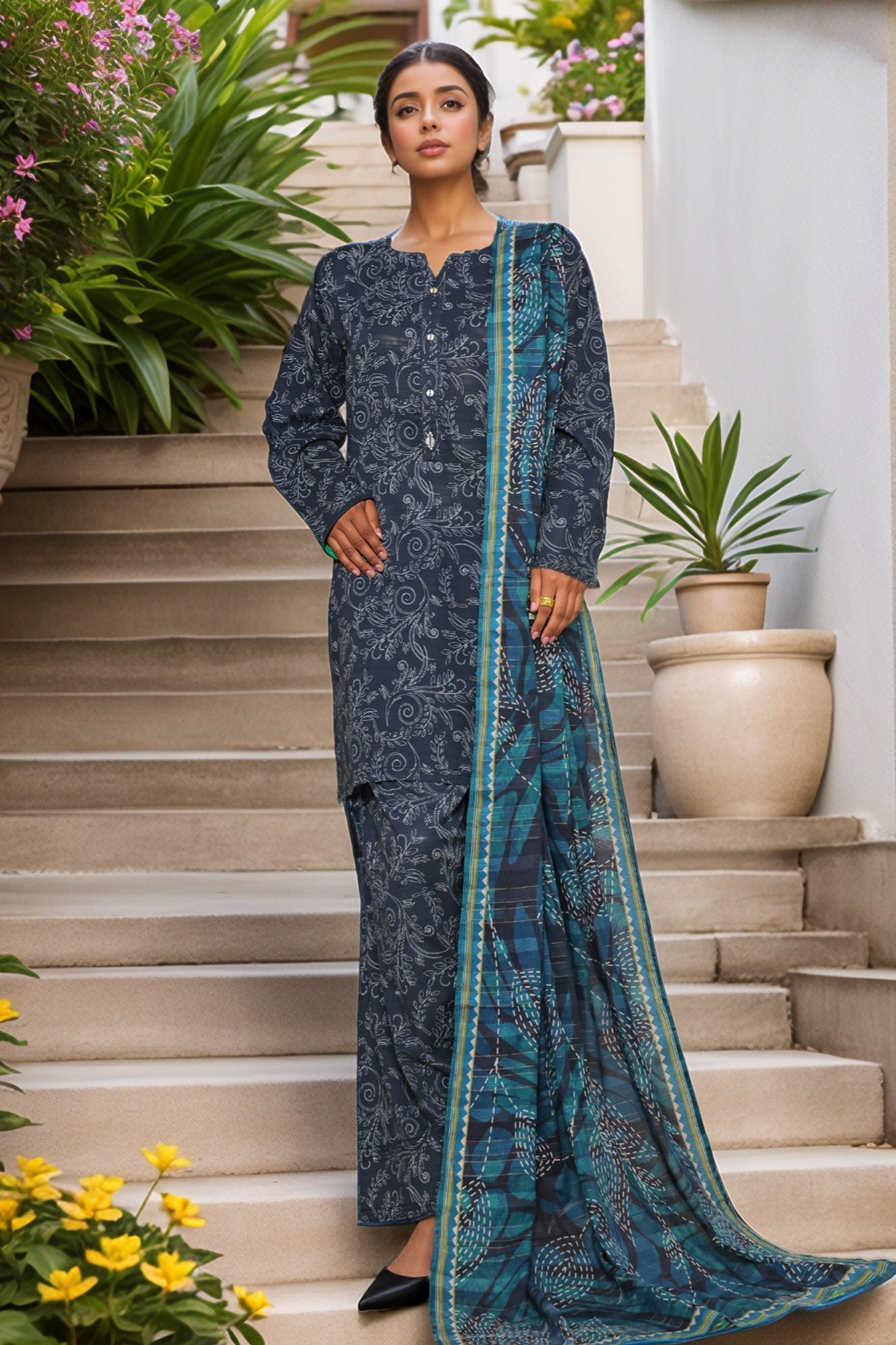 Sada Bahar Stitched 3 Piece Printed Cotton With Farshi Shalwar Vol-02 Collection'2025-FS-277-Blue
