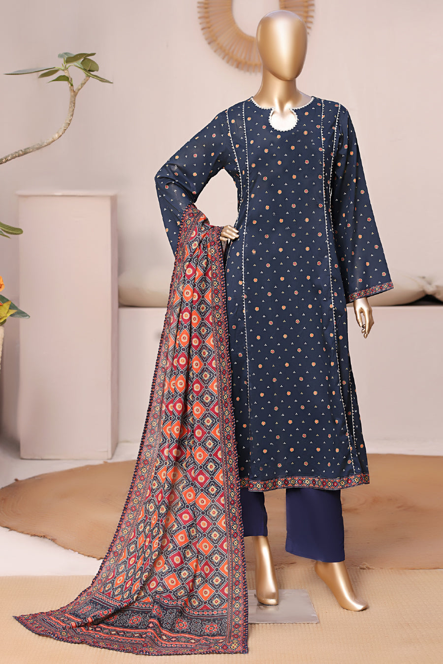 Bin Saeed Stitched 3 Piece Exclusive Printed Frock-LSM-2951-BLUE