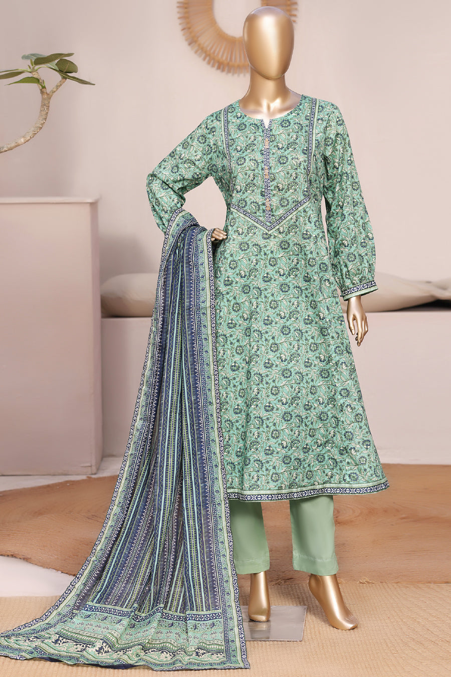 Bin Saeed Stitched 3 Piece Exclusive Printed Frock-LSM-2953-GREEN