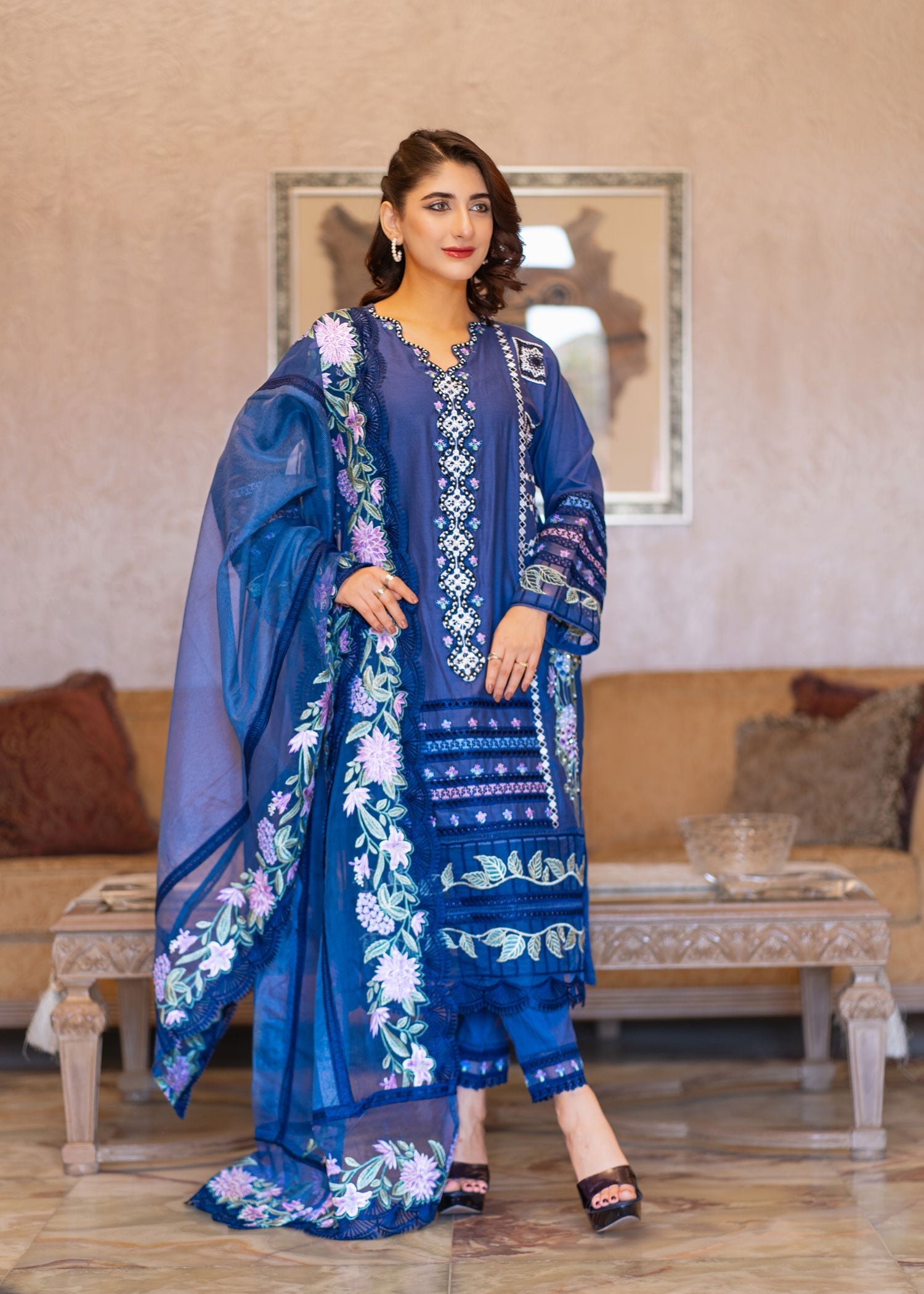 Manzar By Al Harir Stitched 3 Piece Summer Suit-AH002-Manzar-NavyBlue