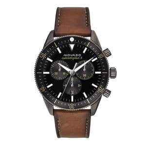 Movado Heritage Brown Leather Black Dial Chronograph Quartz Watch for Gents - 3650060