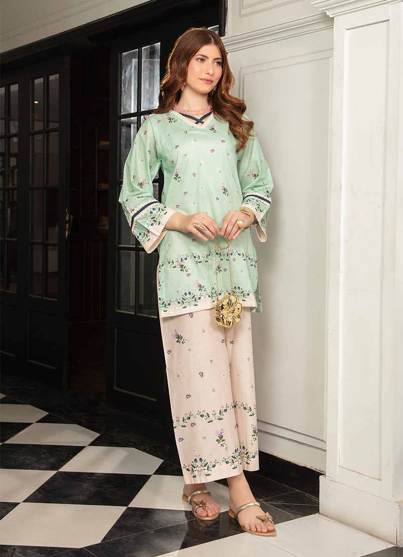 Ahlam By Safa Textile Stitched Co-Ords Lawn Suit-Olive Green & Beige