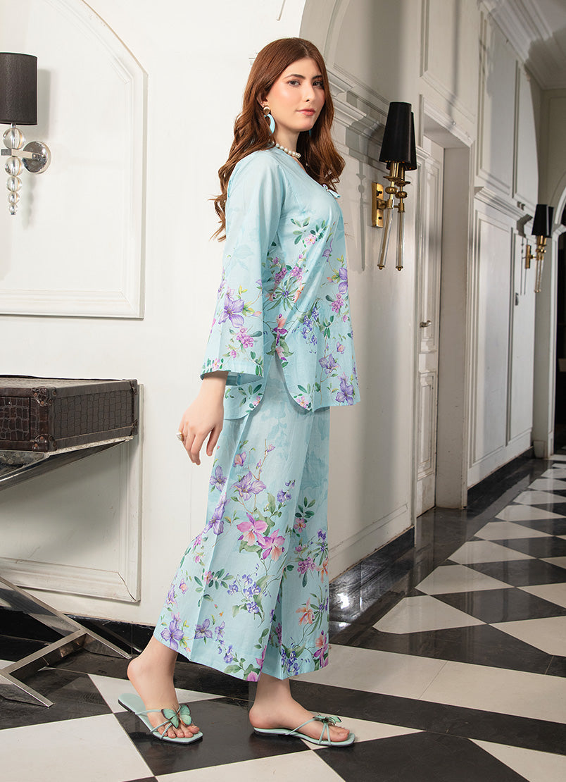 Ahlam By Safa Textile Stitched Co-Ords Lawn Suit-Light Blue Graceful Tunic