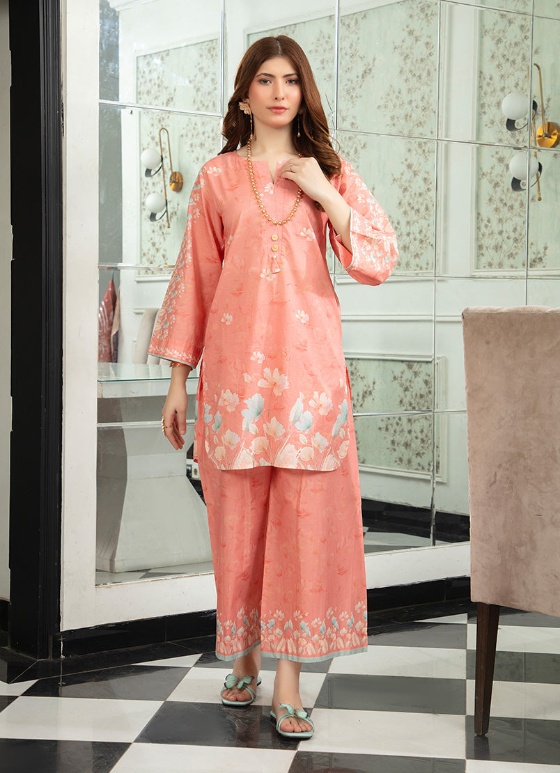 Ahlam By Safa Textile Stitched Co-Ords Lawn Suit-Peach Chic Printed