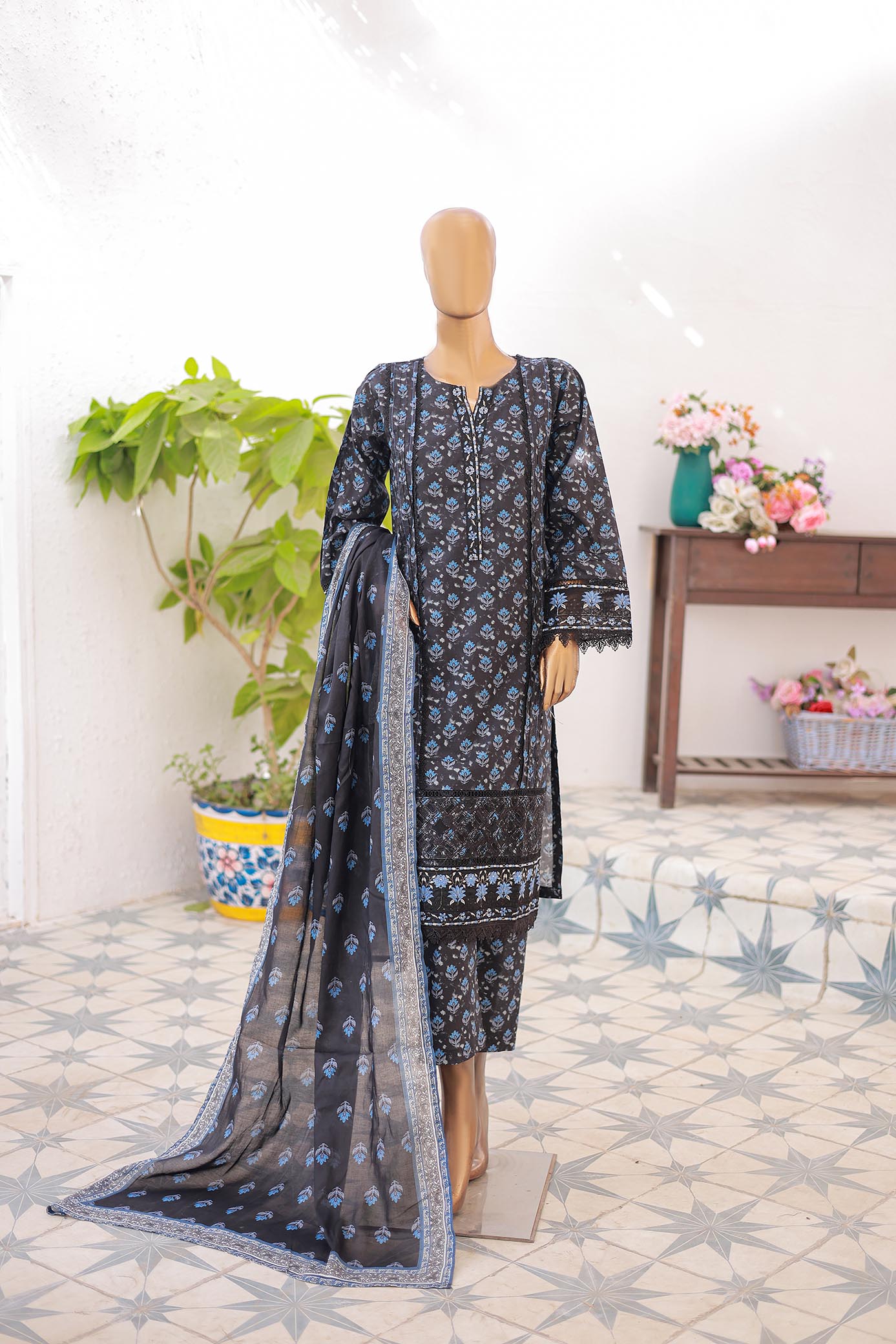 Oswah By Suntex Stitched 3 Piece Emb Lace Kaari Suit-OS-2544