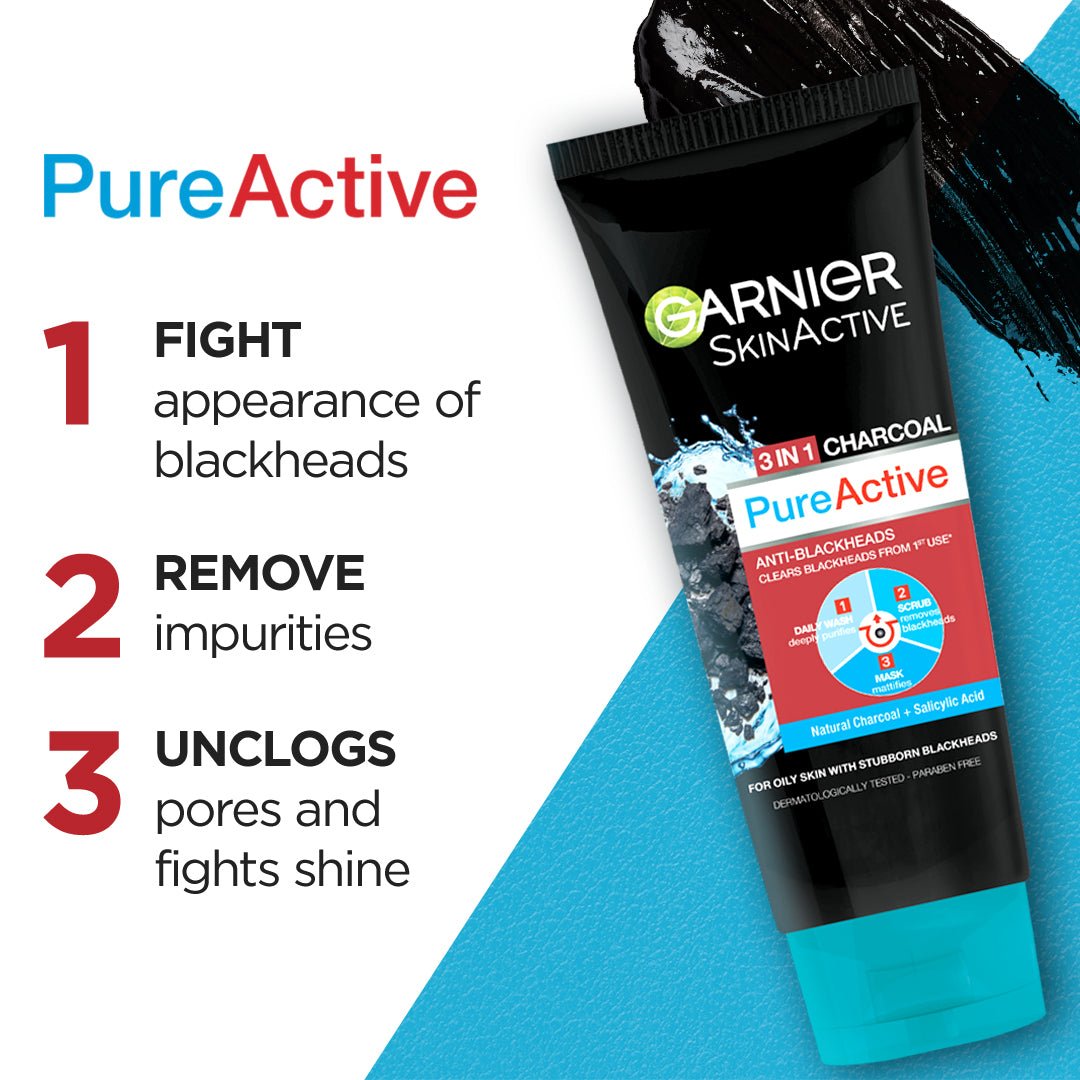 Garnier 3 In1 Pure Active Charcoal Face Wash Mask Scrub 100 Ml