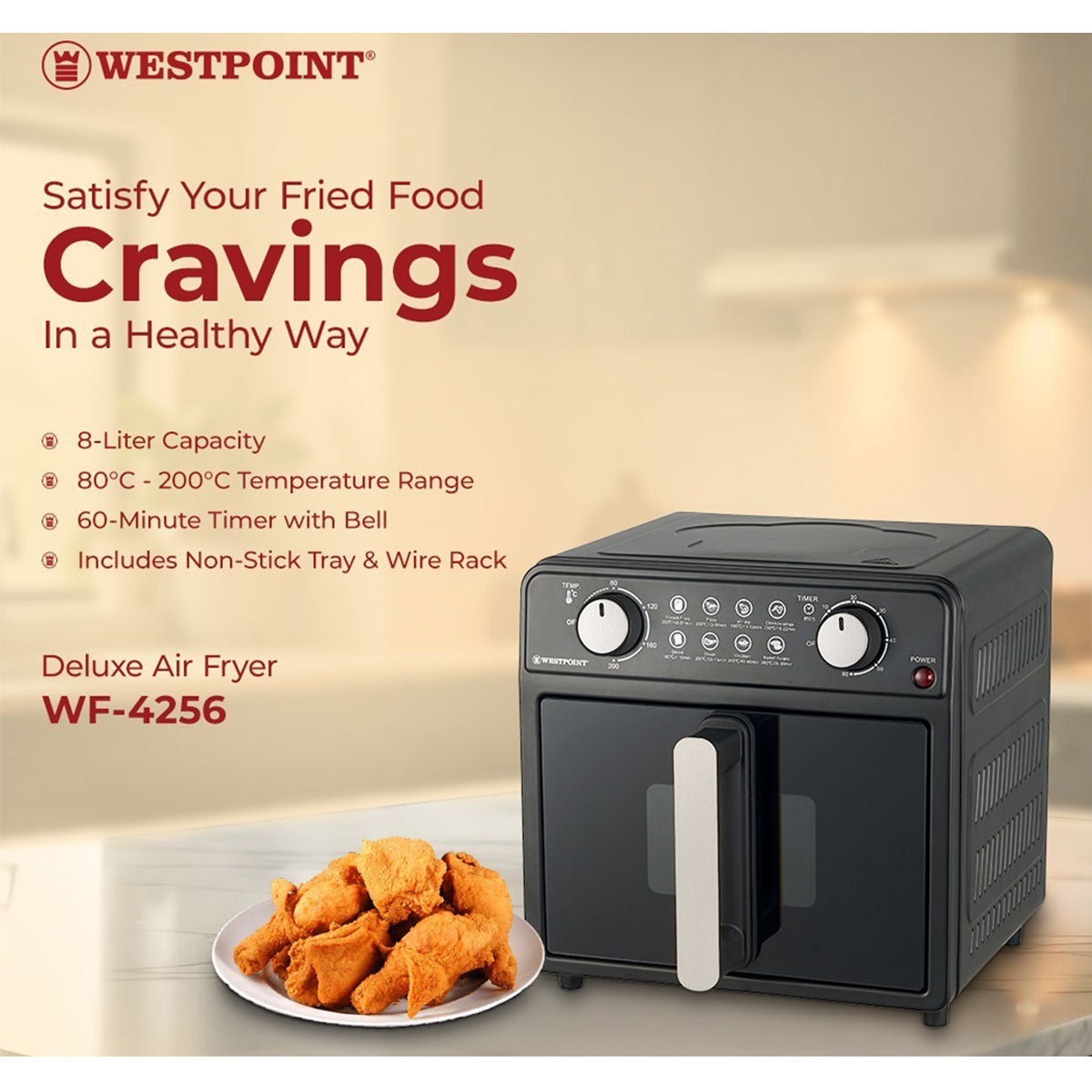 WestPoint Air Fry Food With little 8 Litter or NO oil Filter for Smoke, Non-Stick food basket and pot Easy to Clean 1700W - WF-4256 - Snapcart.pk