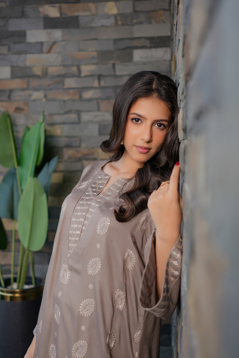 Earthen Tones By G Basics Gulmina Stitched 2 Piece Winter Suit-Smoky Gray (2PC)