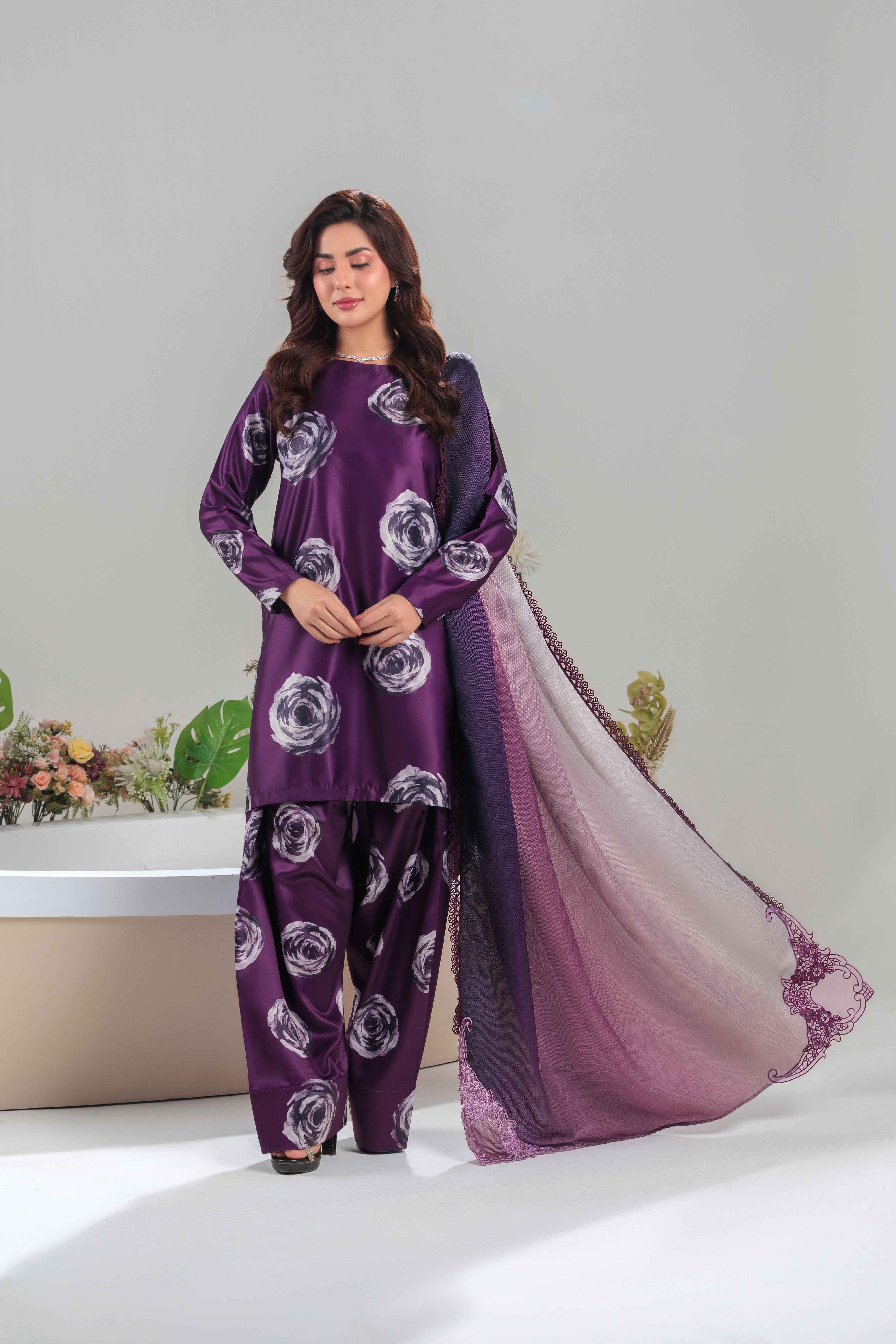 Vibrant Aura By Huma Gul Unstitched 3 Piece Satin Silk Edit Collection'2025-Rosae HG-208