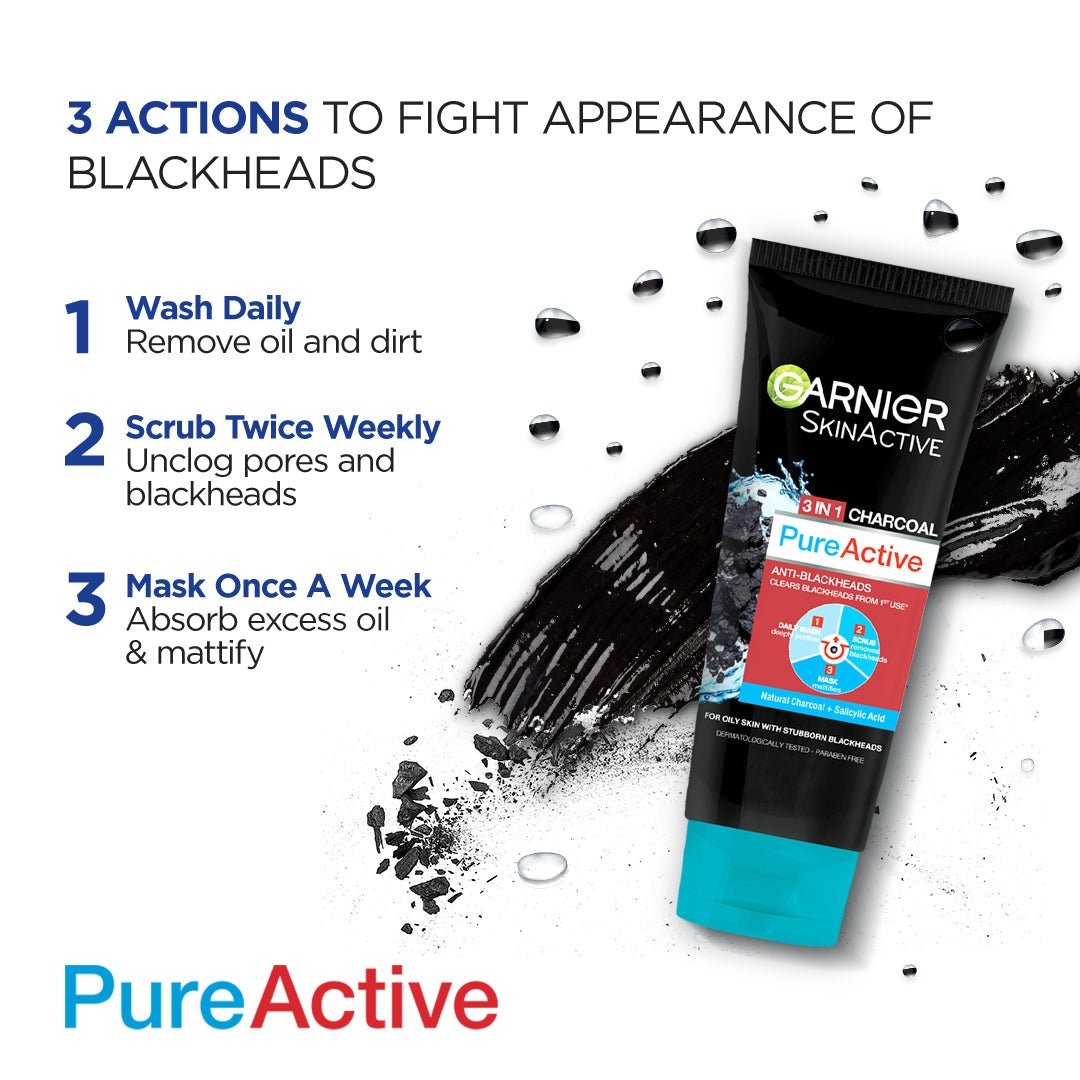 Garnier 3 In1 Pure Active Charcoal Face Wash Mask Scrub 100 Ml