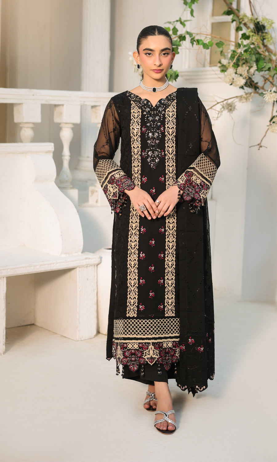 Lamhay By Shamooz Unstitched 3 Piece Luxury Chiffon Formals Suit-Siyah SU-155