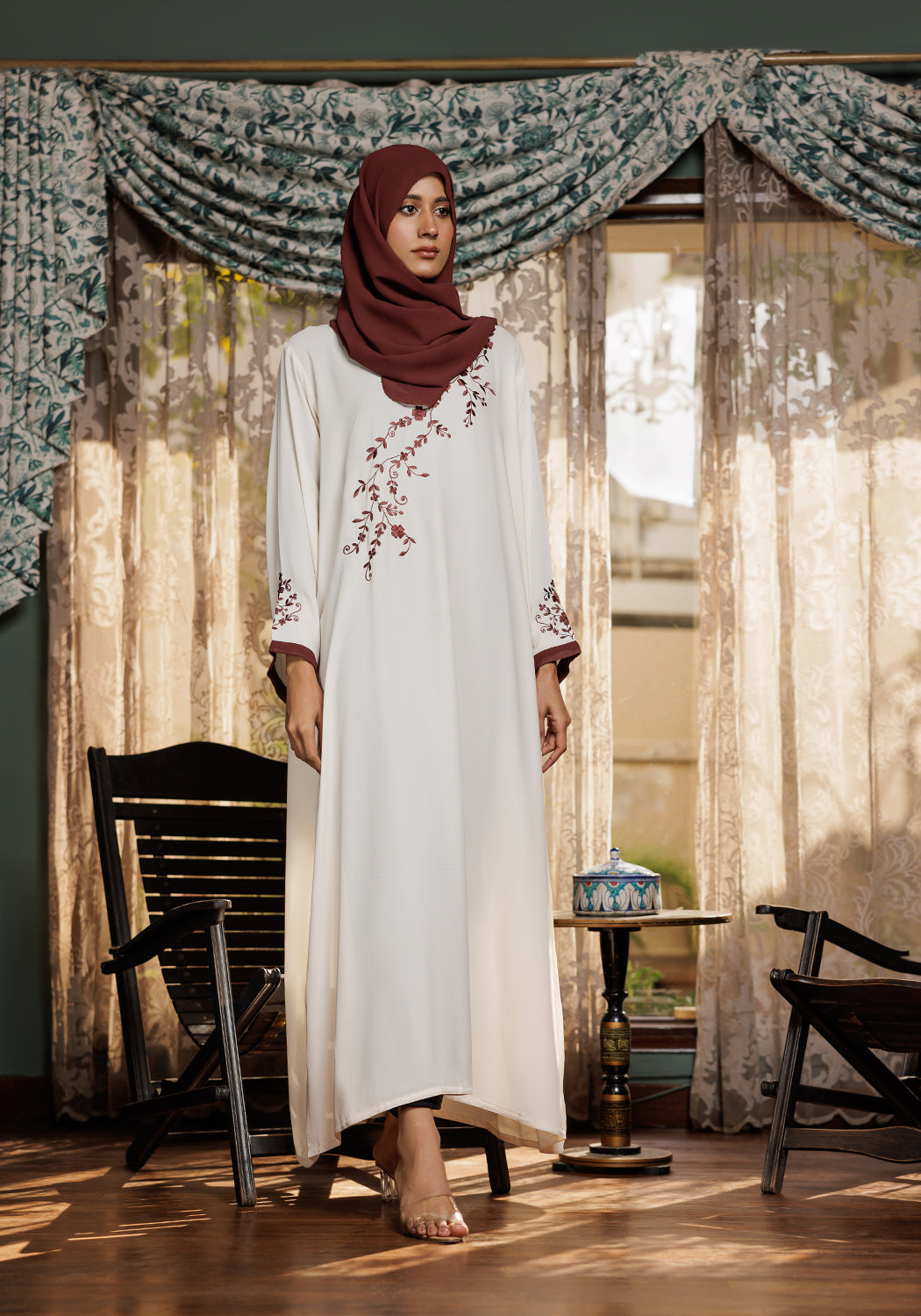 Hijabi.Pk Cream Embroidery Abaya | Serene Threads