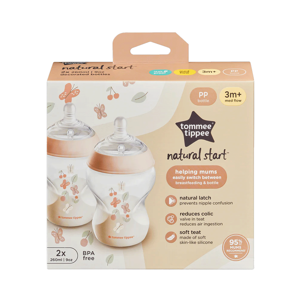 Tommee Tippee Natural Start Decorated Pink Bottles 3m+Med Flow 2x260ml - Snapcart.pk