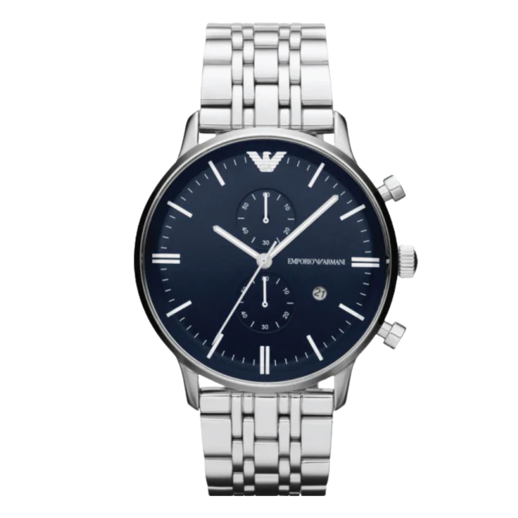 EMPORIO ARMANI Gianni T-Bar Silver Stainless Steel Dark Blue Dial Chronograph Quartz Watch for Gents - AR1648