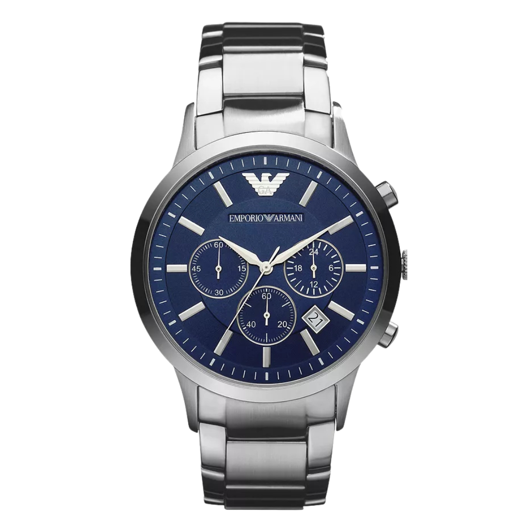 EMPORIO ARMANI Silver Stainless Steel Blue Dial Quartz Watch for Gents AR 2448