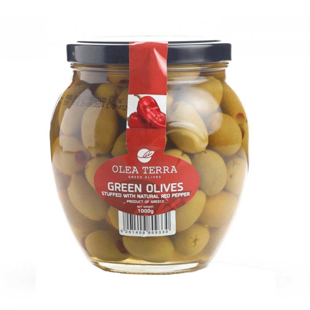 Olea Terra Green Olives Double Stuffed With Almond And Red Pepper1000g