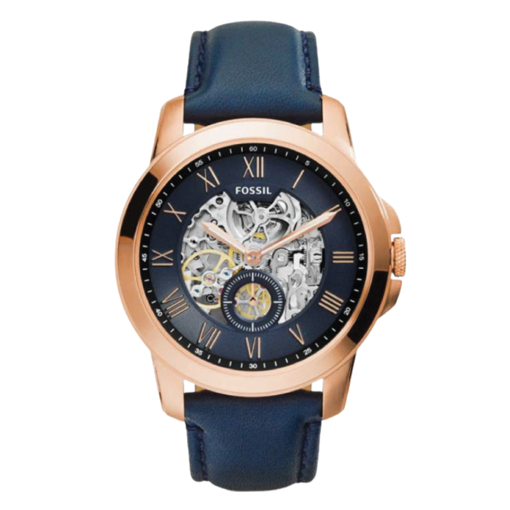 Fossil Grant Blue Leather Strap Skeleton Dial Automatic Watch for Gents - ME3054