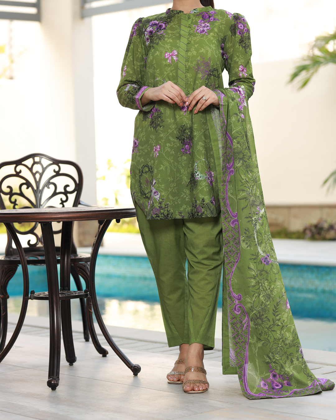 Chameli Studio-Olive Garden Lawn Digital Print 3 Piece Unstitched Suit-WRTS-0008