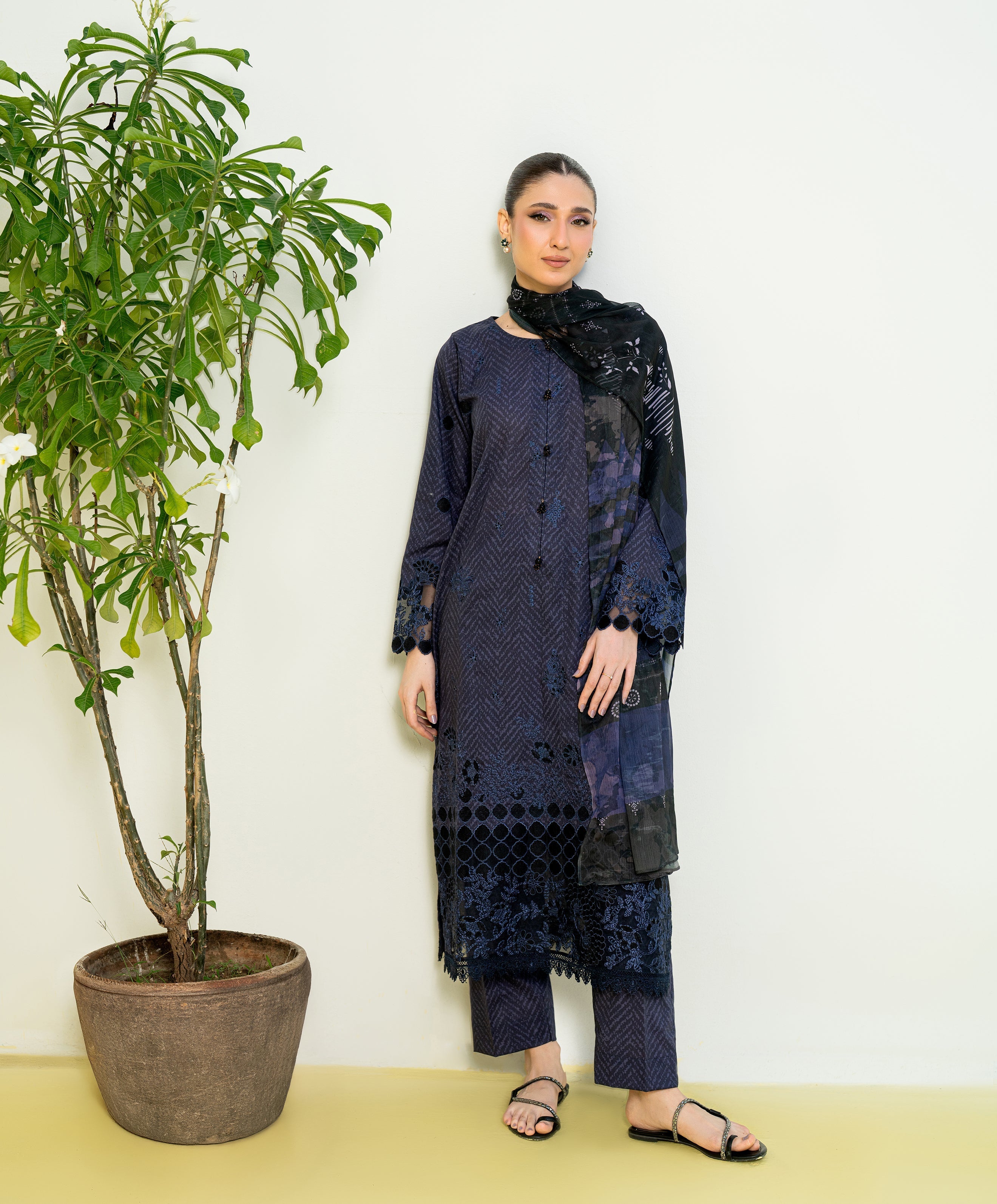 Falling Pretty By Kaanthaa Stitched 3 Piece Summer Suit-Ink Blink