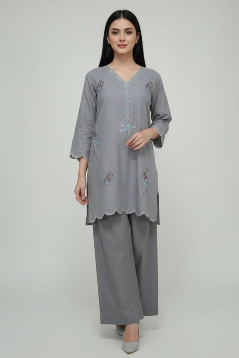 Amna Ali Nawaz Stitched 2 Pc Solid Embroidered Set - 6004