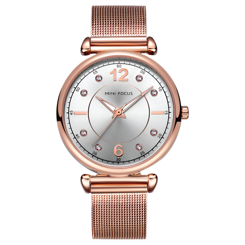 Mini Focus Rose Gold Mesh Bracelet Silver Dial Quartz Watch for Ladies - MF0177L-02
