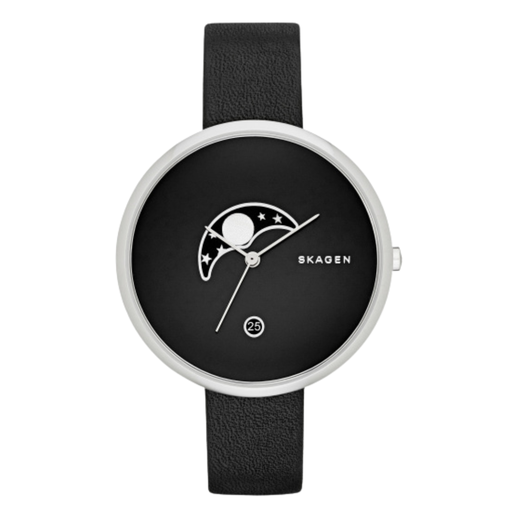 Skagen Gitte Black Leather Strap Black Dial Quartz Watch for Ladies - SKW2372