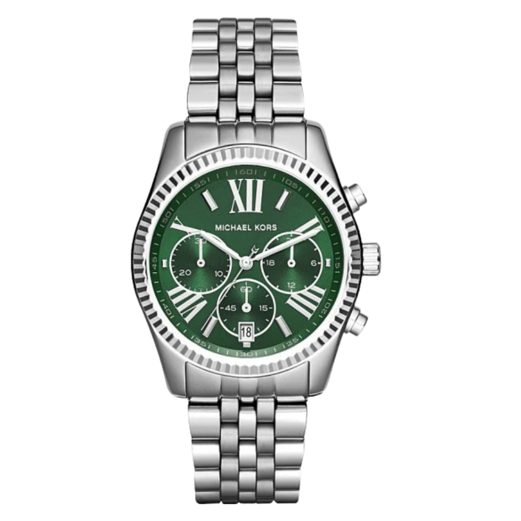 Michael Kors Lexington Silver Stainless Steel Green Dial Chronograph Quartz Watch for Ladies - MK-6222