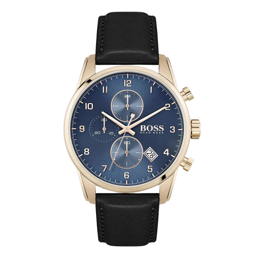 HUGO BOSS Skymaster Black Leather Strap Blue Dial Chronograph Quartz Watch for Gents - HUGO BOSS 1513783
