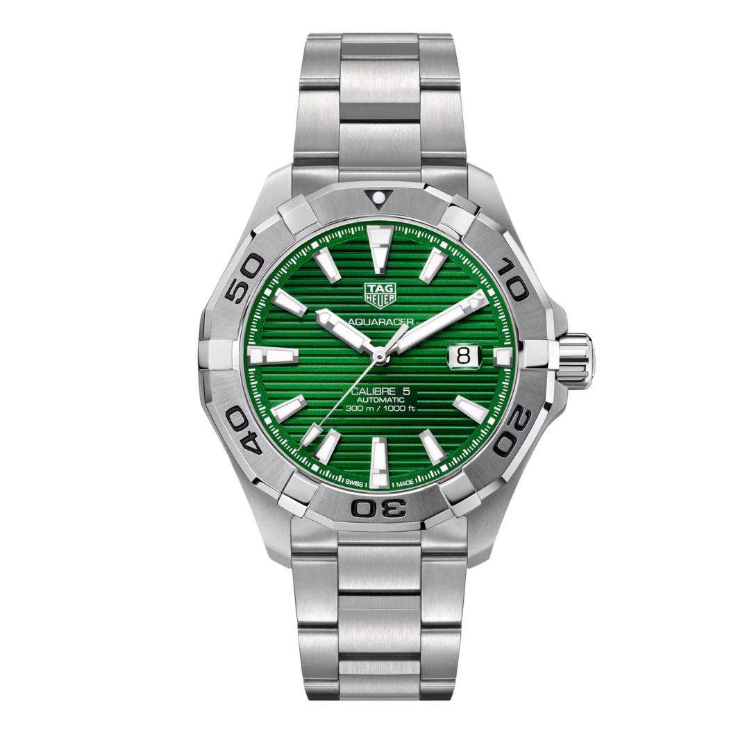 Tag Heuer Aquaracer Calibre 5 Silver Stainless Steel Green Dial Automatic Watch for Gents- WAY201S.BA0927