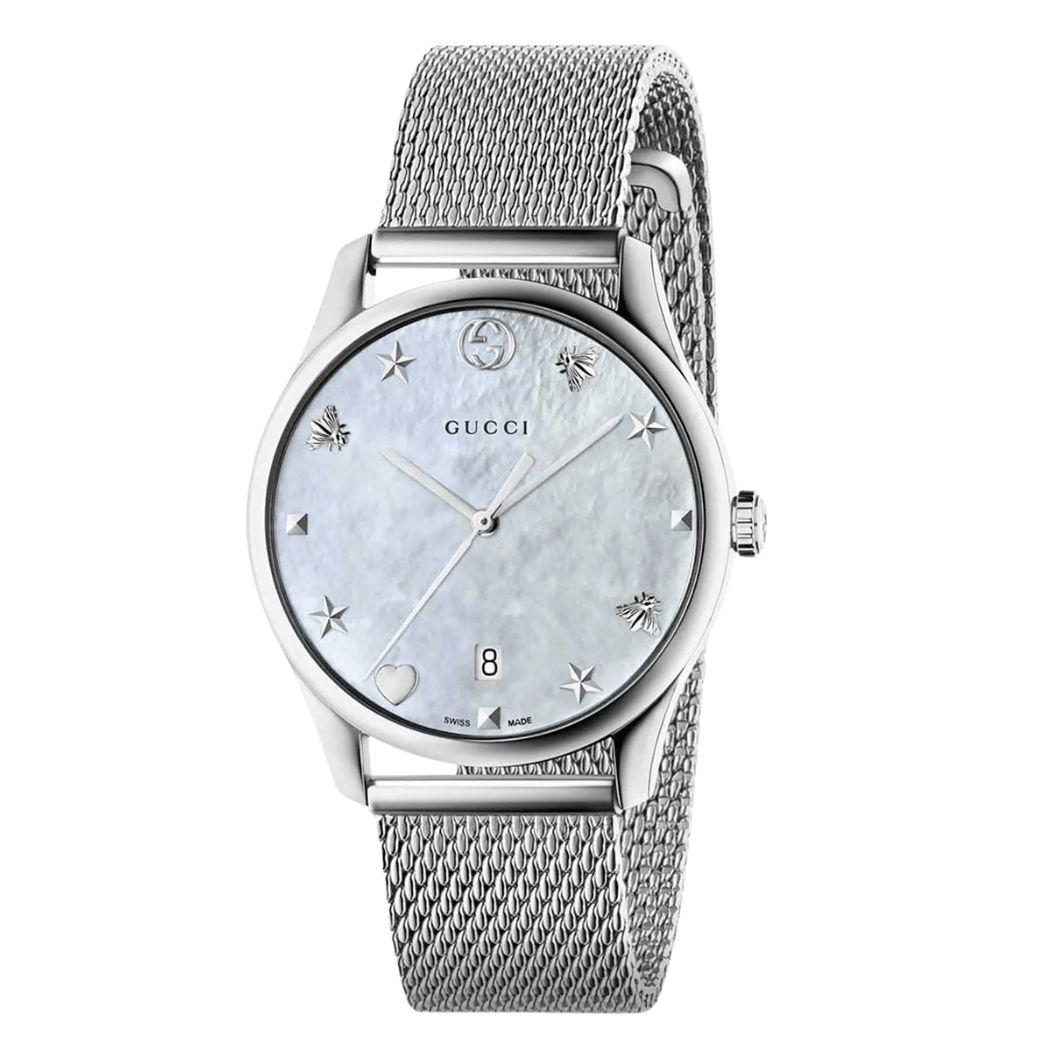 Gucci G-Timeless Silver Stainless Steel Mother of Pearl Dial Quartz Watch for Ladies- GUCCI YA1264040