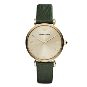 EMPORIO ARMANI Retro Green Leather Champagne Dial Quartz Watch for Ladies- EMPORIO ARMANI AR 1726
