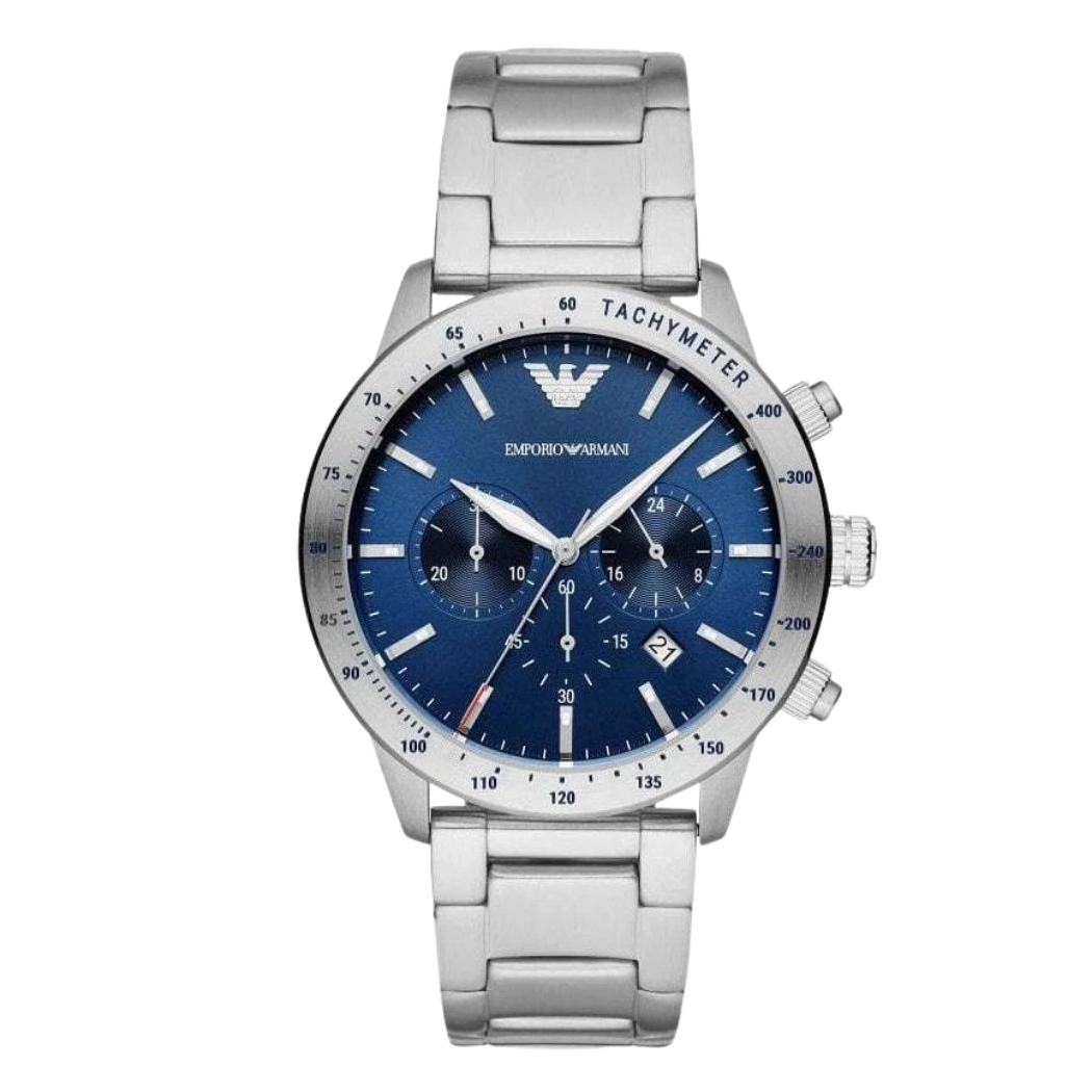 EMPORIO ARMANI Mario Silver Stainless Steel Blue Dial Quartz Watch for Gents- EMPORIO ARMANI AR 11306