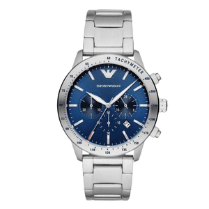 EMPORIO ARMANI Mario Silver Stainless Steel Blue Dial Quartz Watch for Gents- EMPORIO ARMANI AR 11306