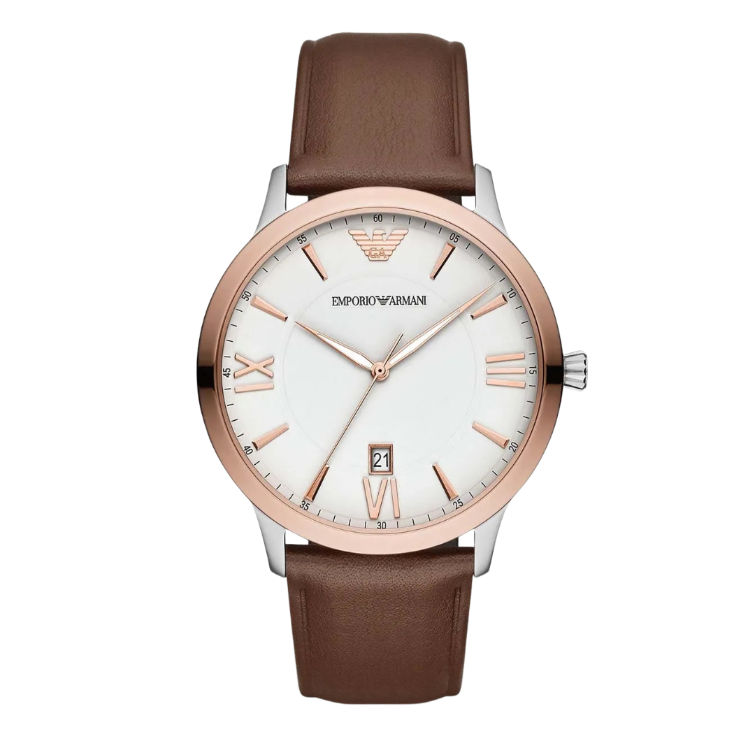 EMPORIO ARMANI Giovanni Brown Leather White Dial Quartz Watch for Gents- EMPORIO ARMANI AR 11211