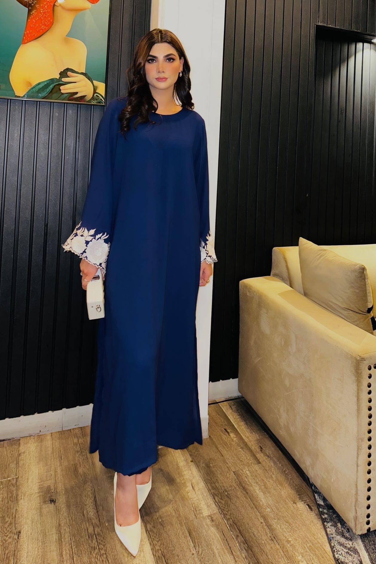 Manahils Stitched Navy Embroidered Sleeves