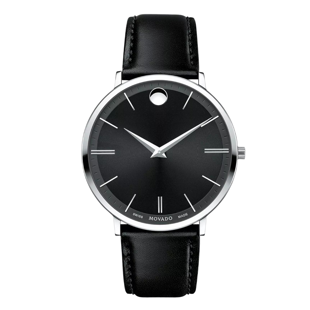 Movado Ultra Slim Black Leather Strap Black Dial Quartz Watch for Gents - Movado 0607086
