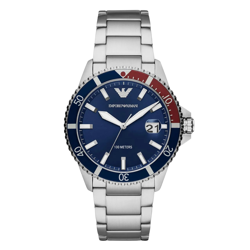 EMPORIO ARMANI Diver Silver Stainless Steel Blue Dial Quartz Watch for Gents- EMPORIO ARMANI AR 11339