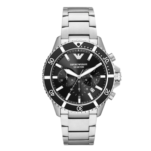 EMPORIO ARMANI Diver Silver Stainless Steel Black Dial Chronograph Quartz Watch for Gents - EMPORIO ARMANI AR 11360